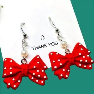 Red White Polka Dot Bow Dangle Earrings - Lightweight Statement Jewelry